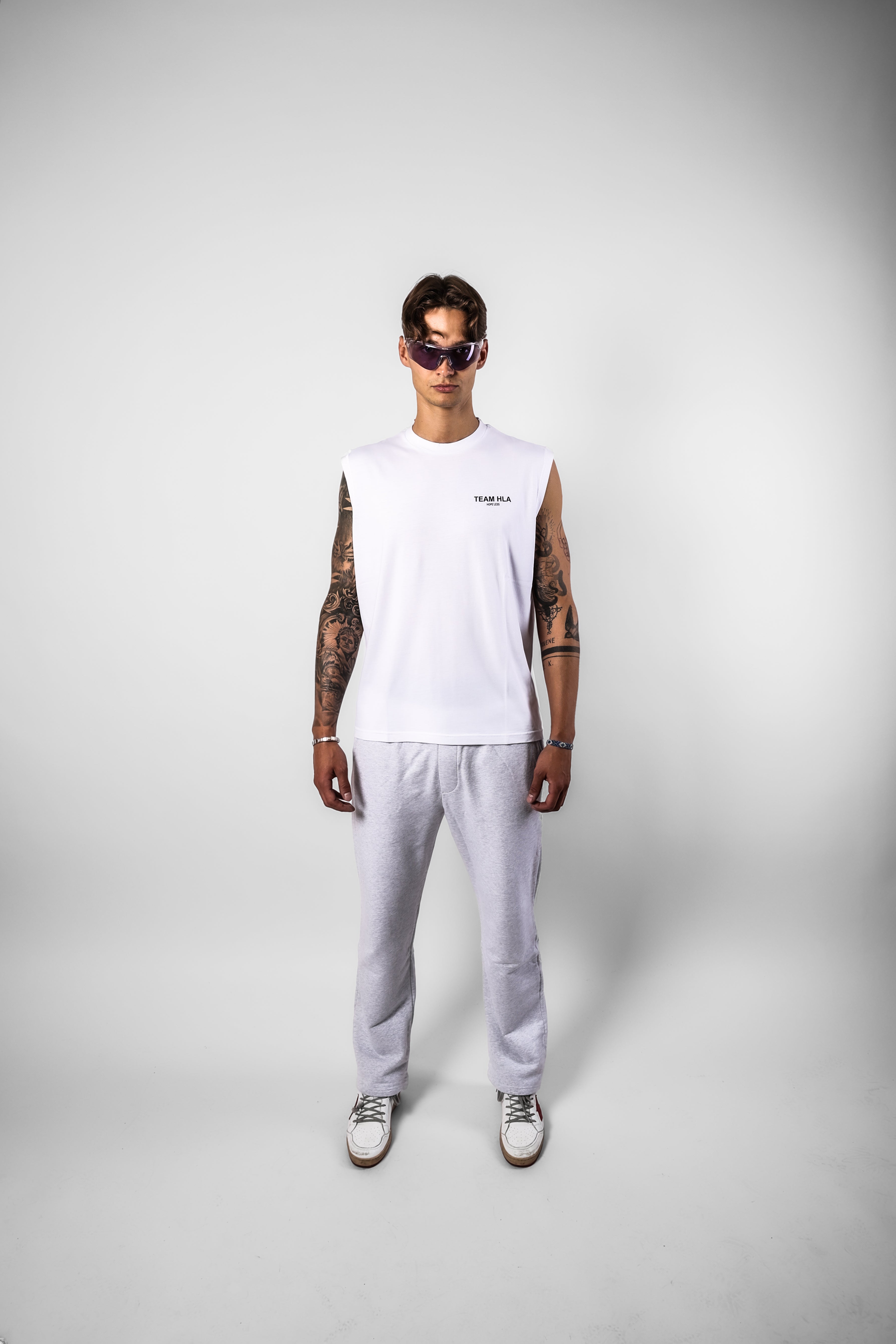 White Muscle T-Shirt HLA with Grey Sweatpants, full look
