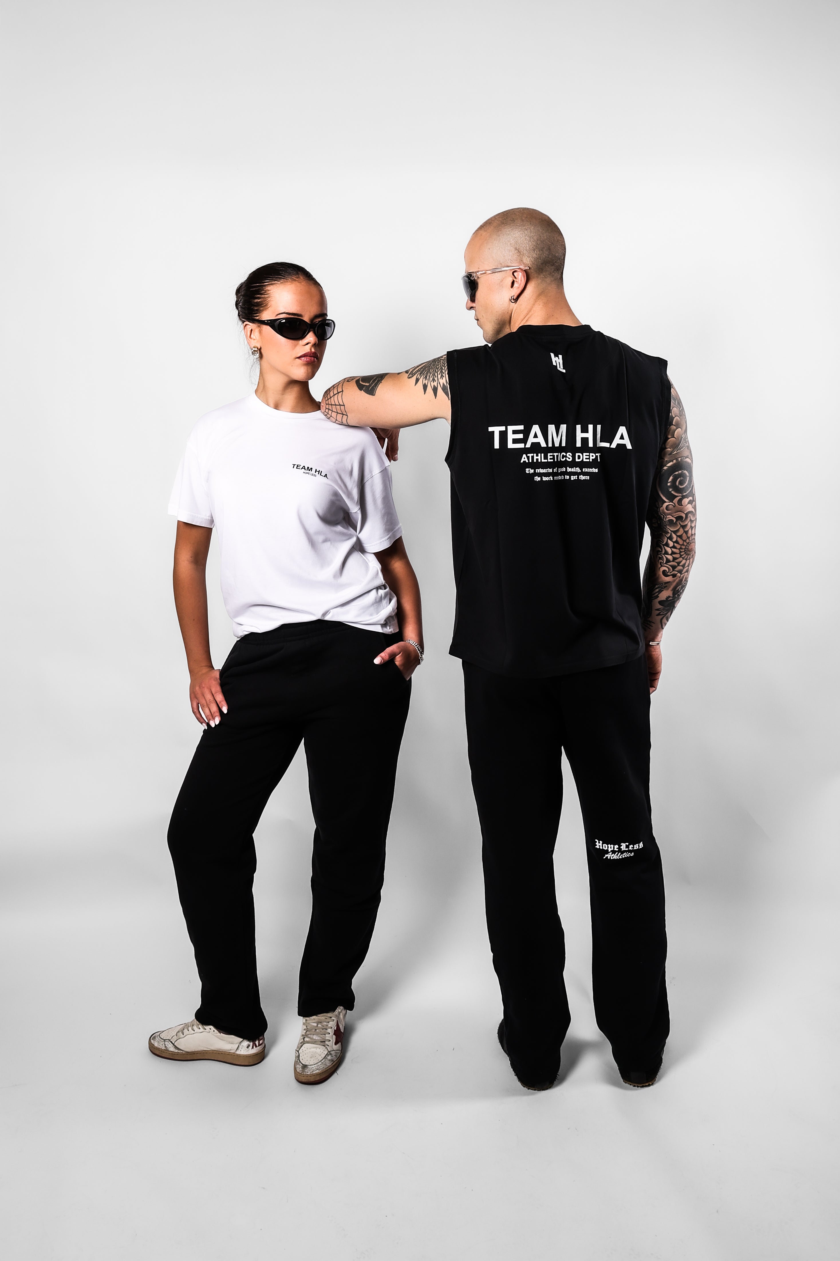 HOPE'LESS Team HLA look: White T-Shirt and Black Muscle Tee with Black Sweatpants