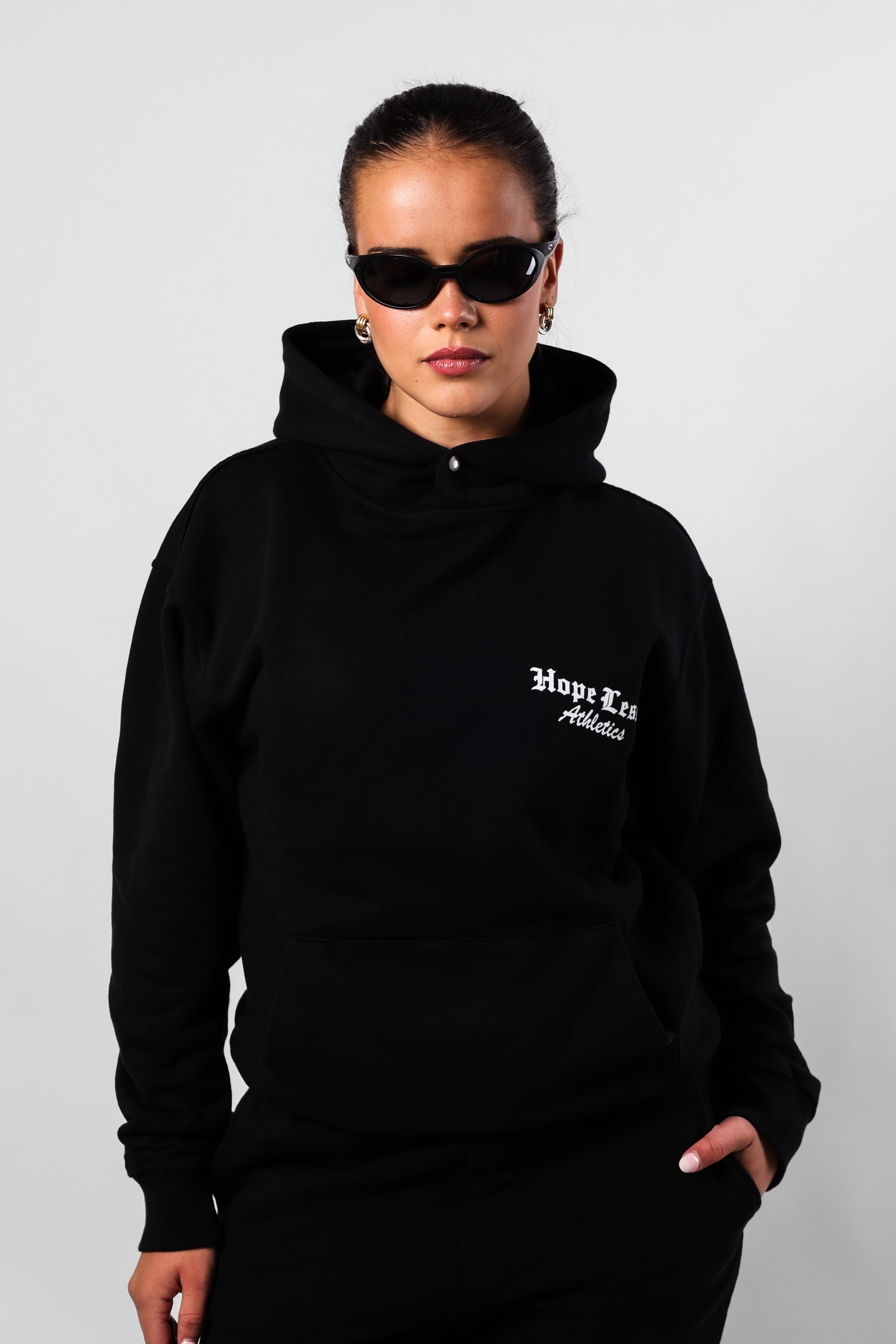 Black Hoodie HLA, front, second model