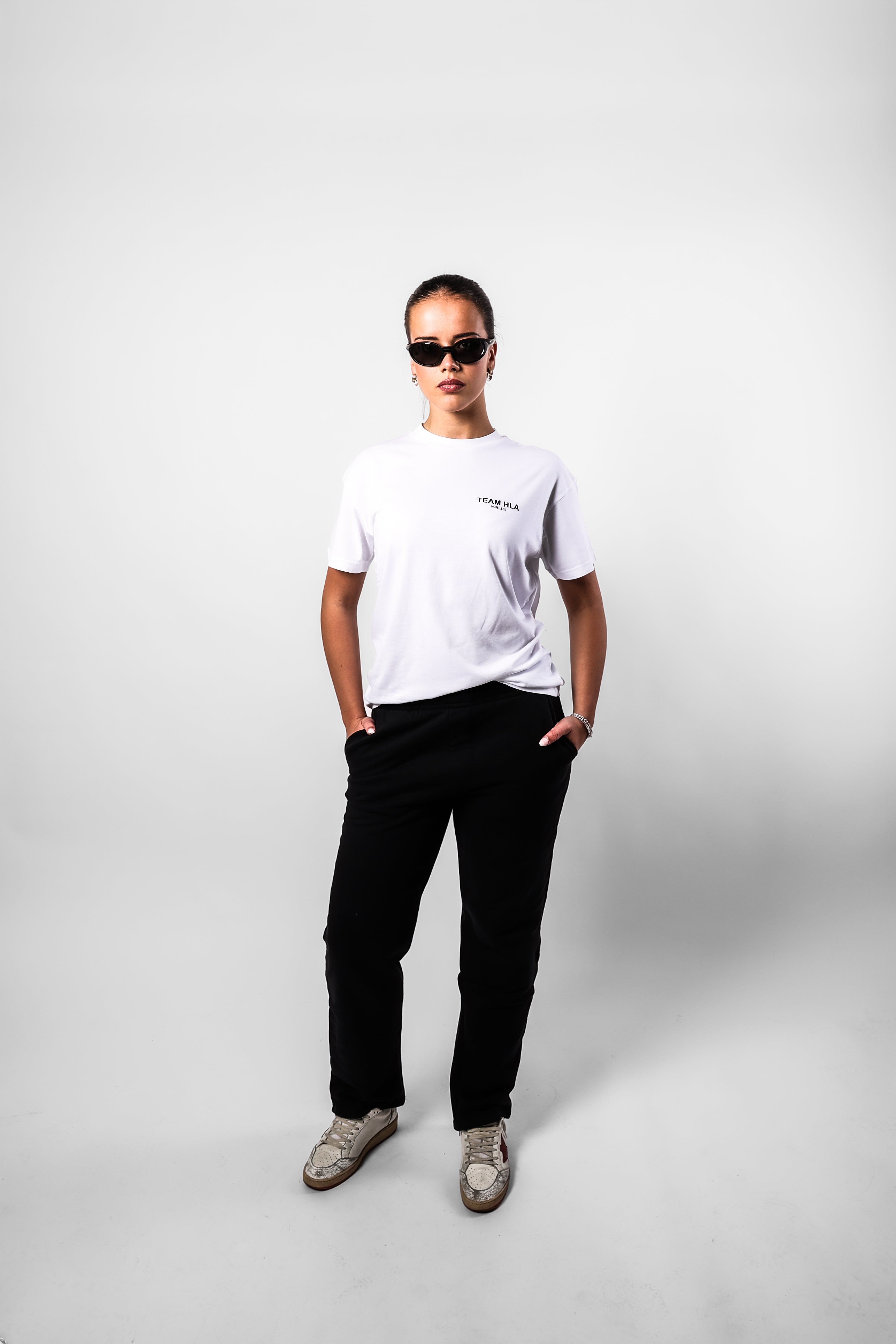White T-Shirt HLA with Black Sweatpants, full look